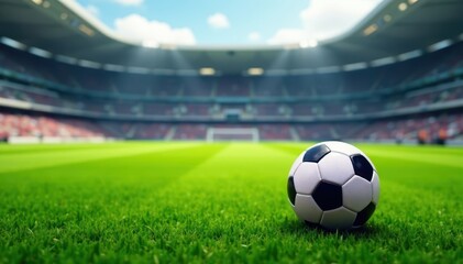 Soccer ball on lush green field with stadium blurred in background, football, outdoor