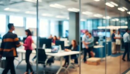 People working and interacting in a modern office building