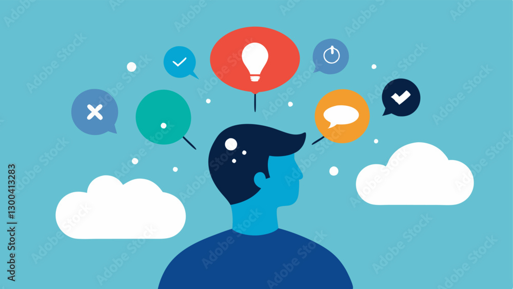 Poster thought bubble deflation a person with a large thought bubble filled with complex and meaningful ide
