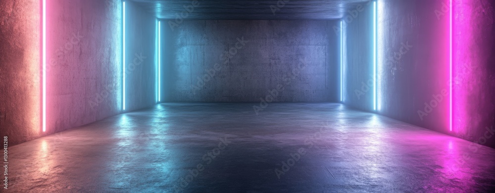 Aufkleber empty room with vibrant neon lights on brick walls creating a dynamic backdrop for creative projects