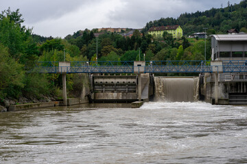 View of a dam on a small mountain river in the Alps