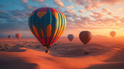 Obraz premium Stunning hot air balloons floating over desert dunes at sunrise.
