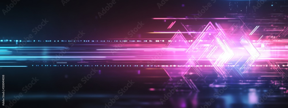 Poster vibrant abstraction with neon glowing arrows and light rays creating dynamic energy on a dark purple