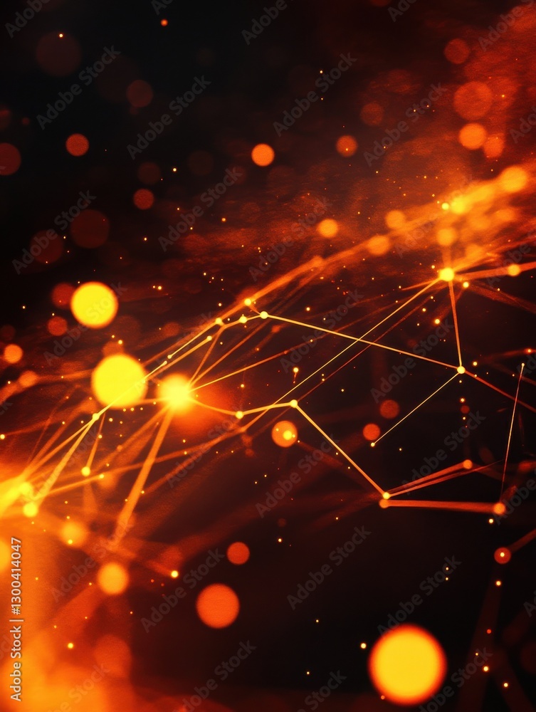 Aufkleber abstract glowing orange network lines and dots with bokeh on a black background.