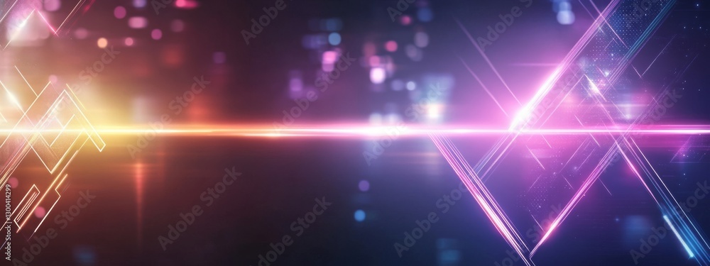 Poster vibrant abstraction with neon glowing arrows and light rays creating dynamic energy on a dark purple