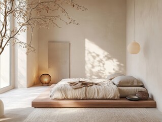 A minimalist bedroom featuring a minimalist bed and decorative branches