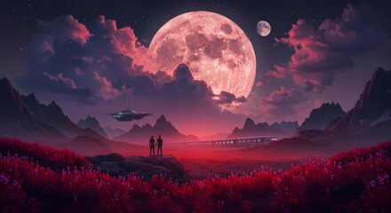 Fototapeta premium Pink Moonlit Alien Landscape: Futuristic Train Journey