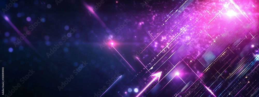 Poster vibrant abstraction with neon glowing arrows and light rays creating dynamic energy on a dark purple