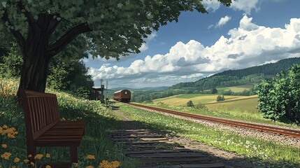 A Peaceful Countryside Scene With A Lone Bench Beneath A Tree, Overlooking A Train Gently Traveling Through A Vibrant Green Valley Bathed In Soft Sunlight