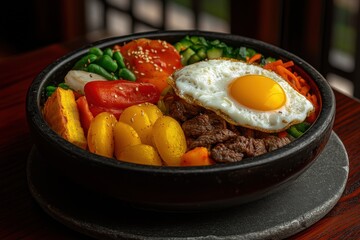 A vibrant Bibimbap bowl features a sunny-side-up egg atop a colorful mix of sauteed vegetables and seasoned meat, offering a delicious and nutritious Korean meal.