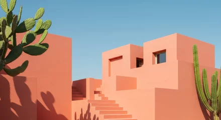 Fototapete Rund Minimalist architecture featuring geometric salmon-pink buildings against clear blue sky © Firman Dasmir