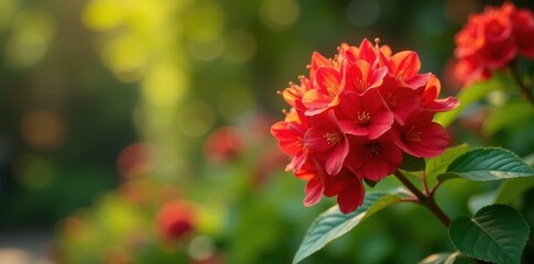 Obraz premium Vibrant firebush flowers blooming in a sunny garden, surrounded by foliage and leaves, fire bush flowers, vibrant blooms