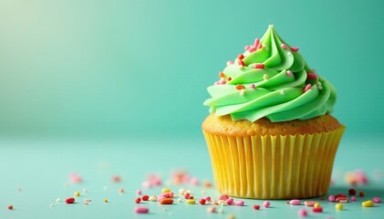 Vibrant green cupcake with colorful frosting and sprinkles on a bright background , colorful, desserts