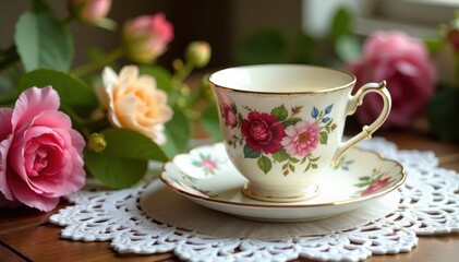 Fototapeta premium vintage china and lace adorned with seasonal blooms, cozy breakfast table , natural textiles