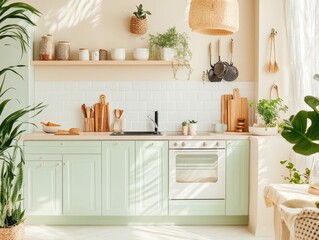 Kitchen interior with plants and pastel green cabinetry