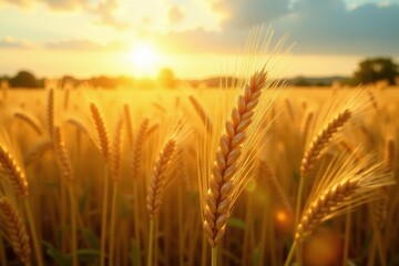 Warm sunlight illuminates a sea of golden wheat grains swaying in the breeze, blue sky, golden wheat field