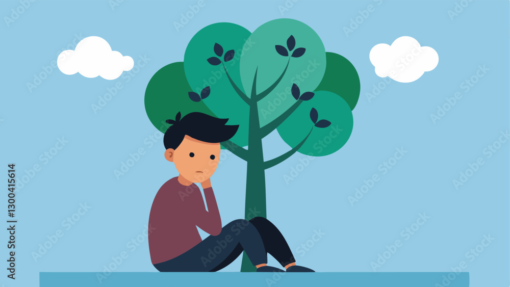 Poster tree of worry a tree whose leaves are made of various worried expressions. a young person sits at it