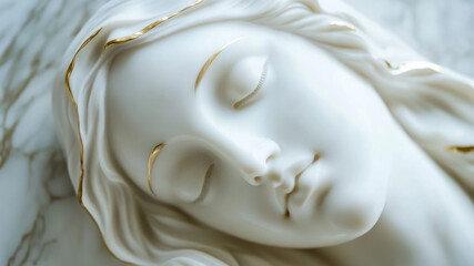 Close-up of a religious figurine depicting the Virgin Mary in prayer, adorned with gold detailing