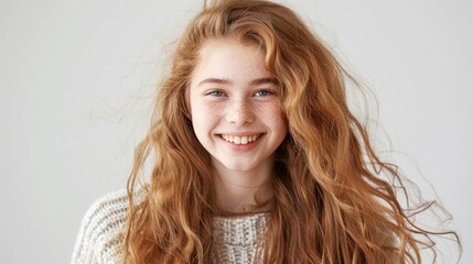 Fototapeta premium A cheerful girl with long, wavy red hair smiles brightly against a neutral background, radiating joy and warmth