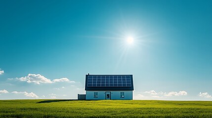 Solar House Sits on a Field Under a Bright Blue Sky