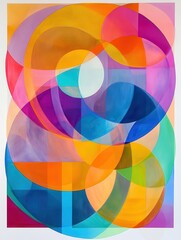 Obraz premium A vibrant, abstract painting featuring overlapping circles in bright, translucent colors, creating a dynamic and playful composition.