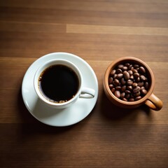 Obraz premium Wooden table with a coffee cup containing freshly brewed coffee next to a bowl of whole coffee beans, brew, comfort