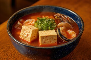 A flavorful bowl of Korean Sundubu Jjigae featuring soft tofu, seafood like shrimp and clams, and vibrant green onions in a spicy broth, enticing food photography.