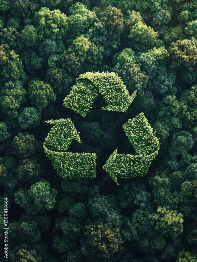 Poster generative ai illustration of aerial view of lush forest with a recycling symbol floating above illu