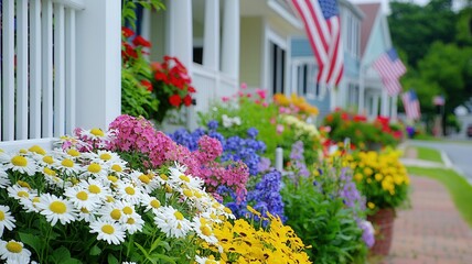 Fototapeta premium Vibrant flowers petunia and hydrangea blossoms adorning ceramic pots, complemented by waving american flags representing summer patriotism