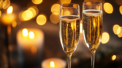 Elegant Champagne Flutes with Festive Bokeh Lights: Celebration Toasts