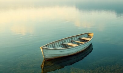 Fototapeta premium Weathered White Rowboat on Calm Water at Sunrise