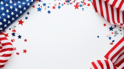 Fototapeta premium American flag waving alongside decorative star pattern, symbolizing national pride against pristine white background holiday, July 4, Veterans or memorial day copy space for text
