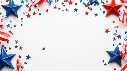 Obraz premium American flag waving alongside decorative star pattern, symbolizing national pride against pristine white background holiday, July 4, Veterans or memorial day copy space for text