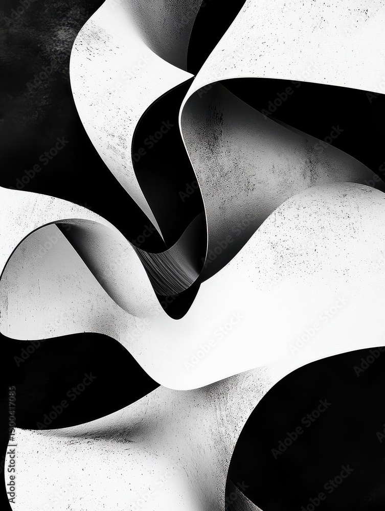 Poster modern abstract dynamic shapes black and white background with grainy paper texture. digital art.