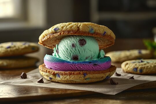 An irresistible cookie ice cream sandwich with colorful layers of frozen delight, stacked on a wooden board with extra cookies and chocolate chips.