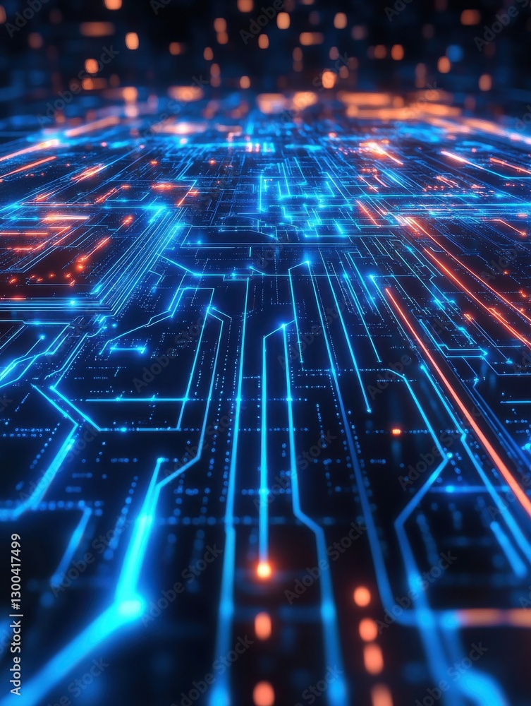 Poster neon glowing digital technology circuit board in computer. futuristic glowing bright blue color. abs