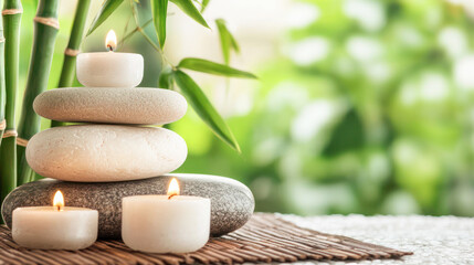 Stacked zen stones with burning candles and green bamboo stalks on a wooden surface, creating a peaceful and relaxing atmosphere for meditation, spa, and wellness.