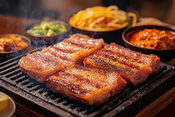 Succulent grilled pork belly on a black stone grill, served with kimchi, noodles and vegetables, creating a flavorful and satisfying Korean BBQ dining experience.