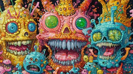 Obraz premium Whimsical group of colorful monsters with diverse features and expressions posing together in a fun and playful environment