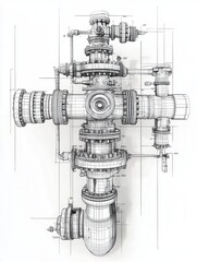 This modern wireframe illustration of an industrial valve on a white background is detailed and detailed.