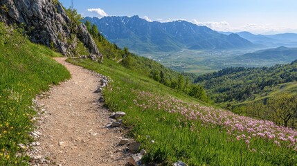 Spring mountain scenery with blooming wildflowers, vibrant greenery, and peaceful hiking trails offering breathtaking panoramic views.
