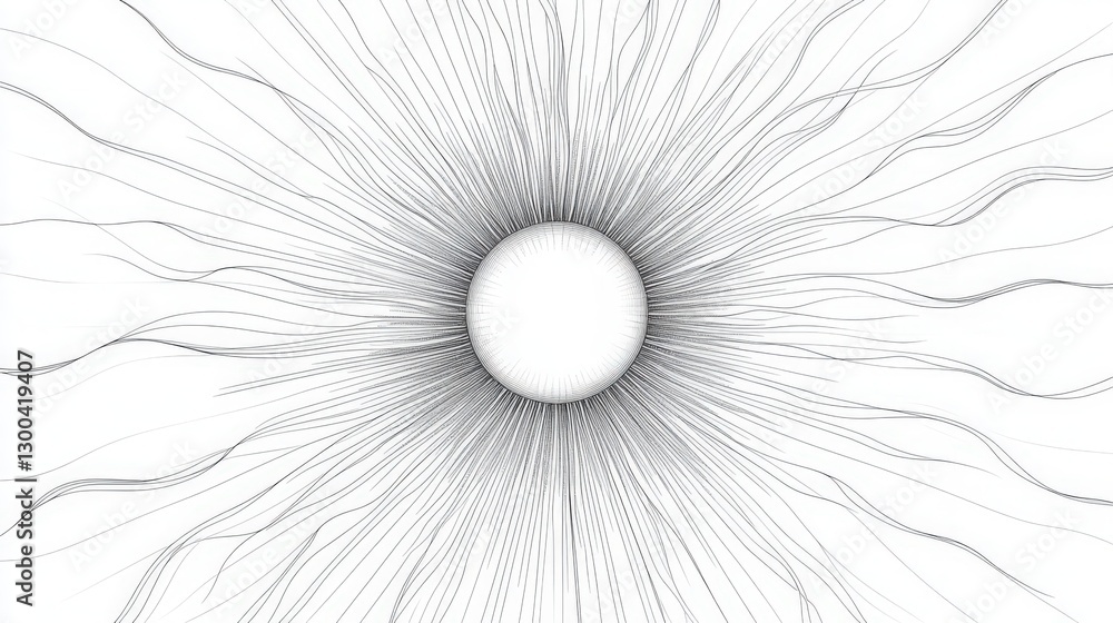 Poster abstract burst of radiating lines from a central sphere on transparent layer