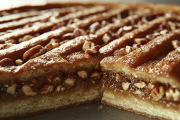 A delectable pecan pie bar dessert showcasing layers of flaky crust, nutty filling, and a tempting caramel glaze for holidays and celebrations.