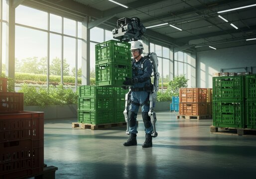 AI exoskeleton aiding a worker in a warehouse with a green rooftop view showcasing advanced labor tech