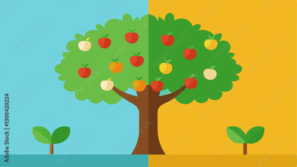 Poster tree with fruit a lush tree with abundant fruits on one side rich and a barren tree on the other sid