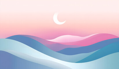 Fototapeta premium Serene Pastel Mountainscape Crescent Moon and Soft Hues Digital Art