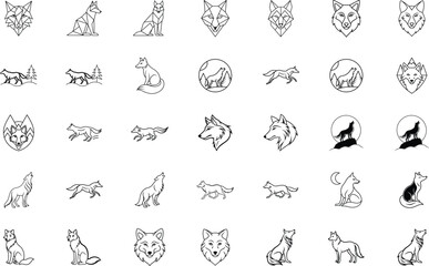Elegant Line Art Wolf and Fox Icon Collection Design Set