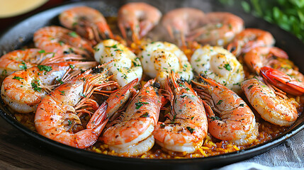 Closeup of sizzling seafood paella, showcasing succulent prawns and succulent scallops in a vibrant, rustic setting.