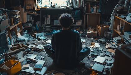Person Sits Cross Legged in Overcrowded, Messy Room