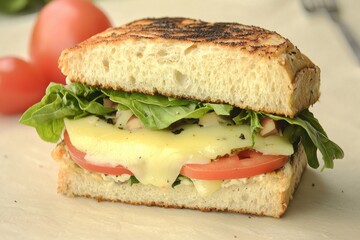 Delicious grilled cheese sandwich with fresh tomatoes and arugula, showcasing melted cheese and toasted bread on a neutral background, ready to eat.